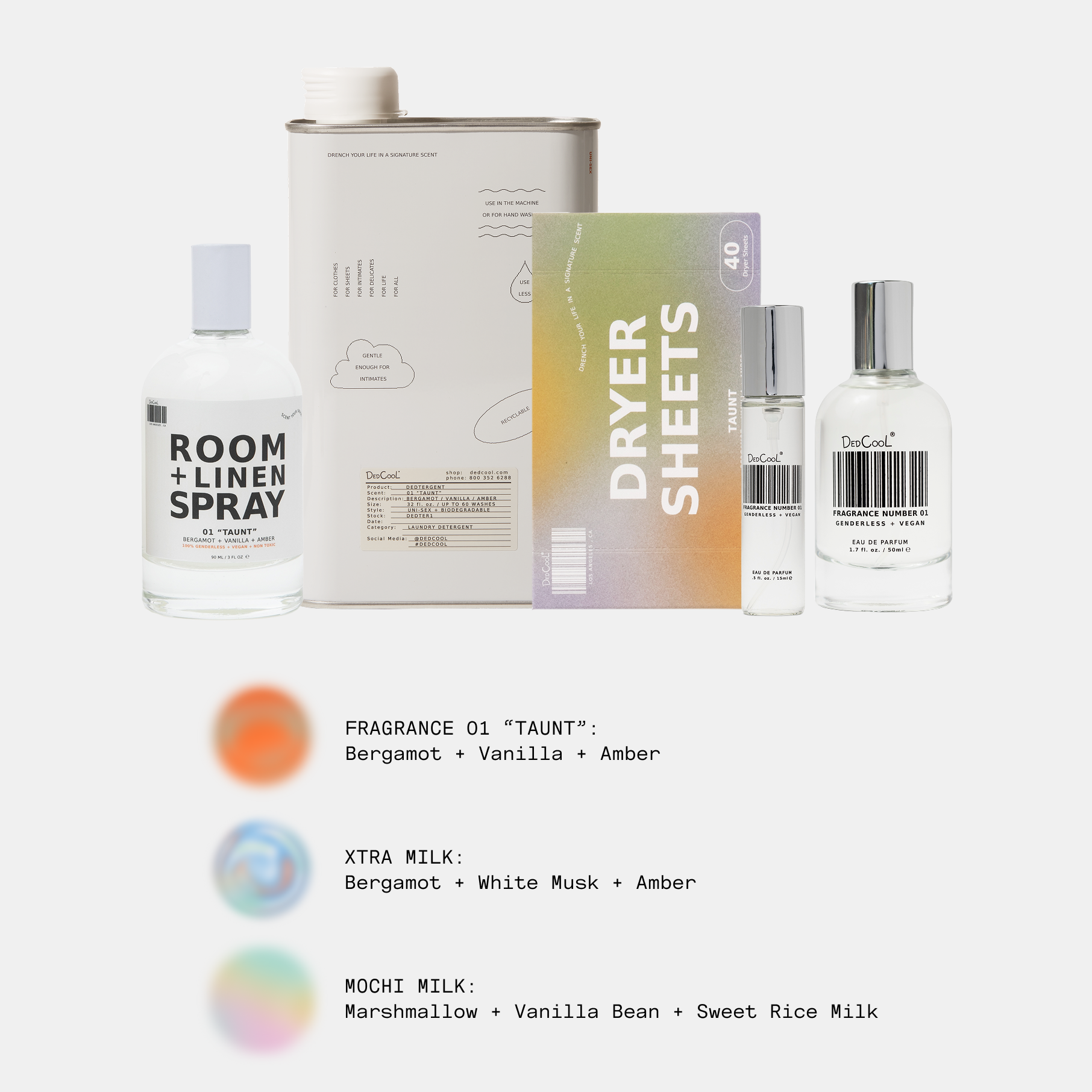 DedCool (Almost) Everything Set bundle with fragrance bottle, travel spray, detergent, room spray, and dryer sheets arranged together