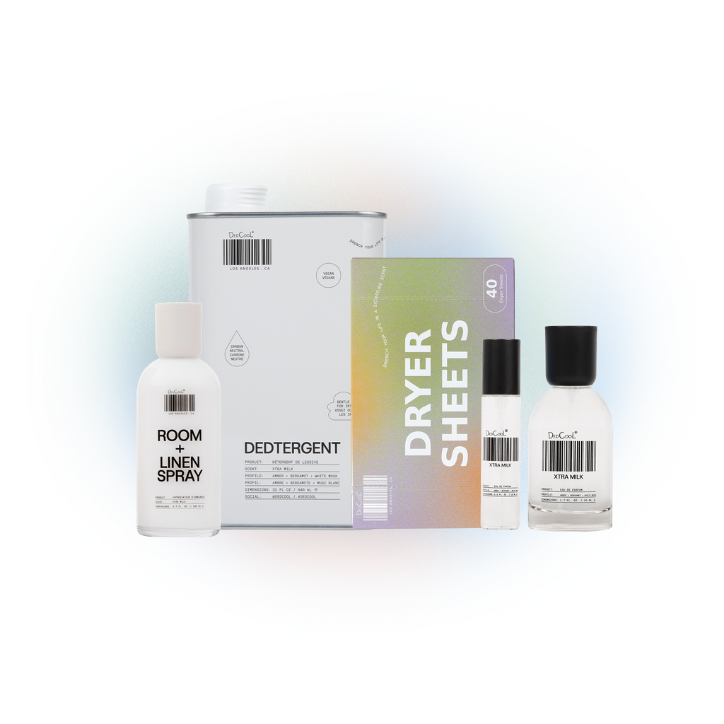 DedCool (Almost) Everything Set bundle with fragrance bottle, travel spray, detergent, room spray, and dryer sheets arranged together