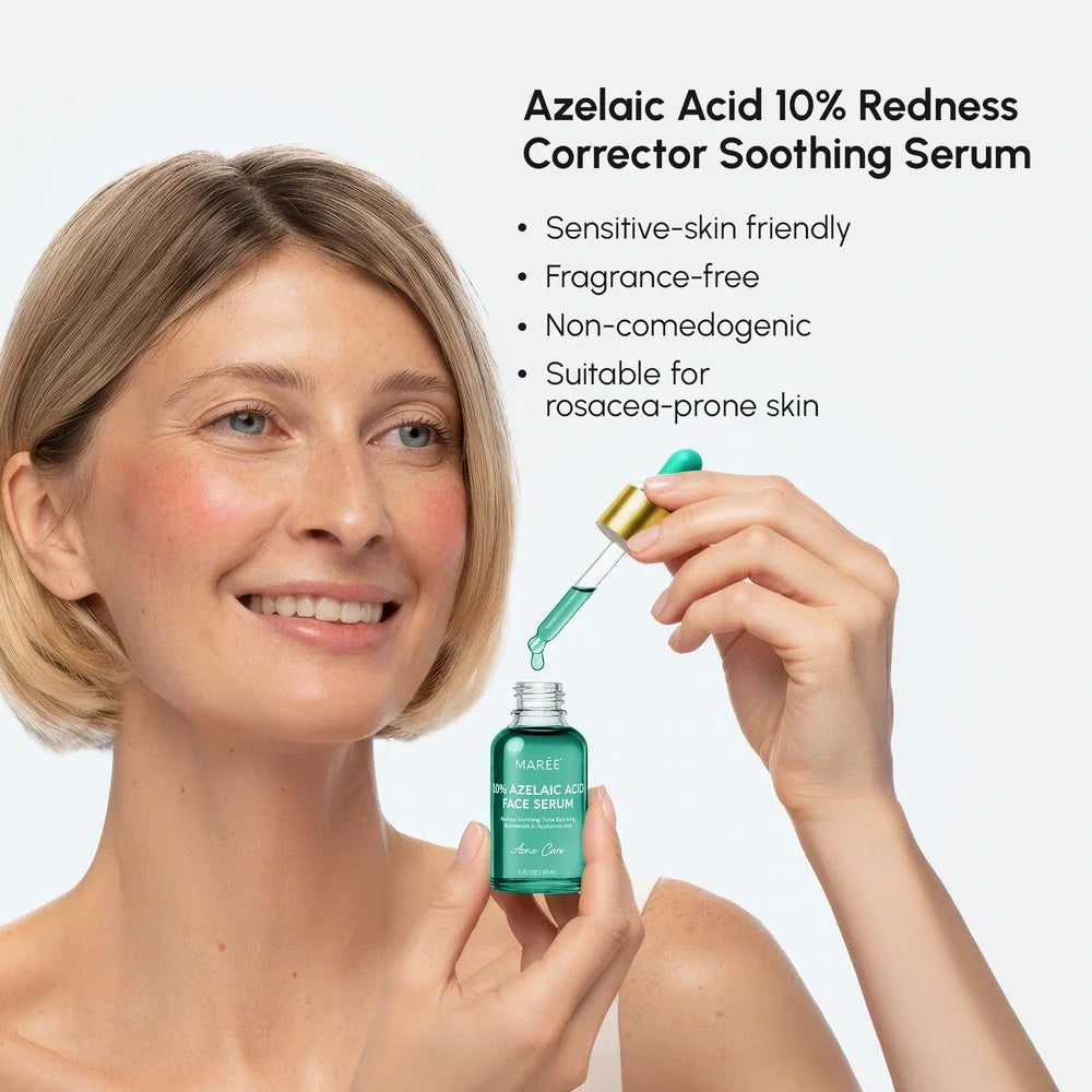Marée azelaic acid serum bottle against a clean neutral background, a lightweight redness-soothing treatment for sensitive skin