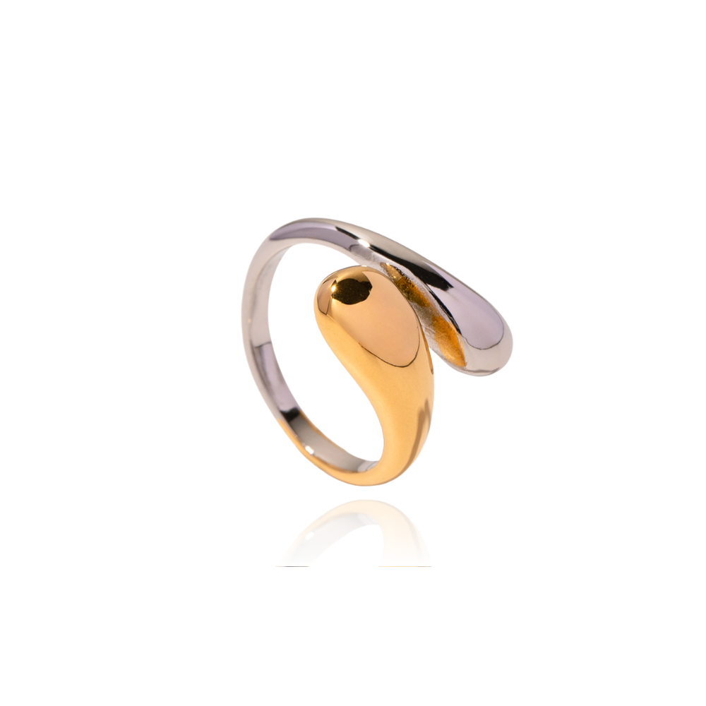 Close-up of a slim 18K gold-plated serpent wrap open ring worn on a finger against a neutral background