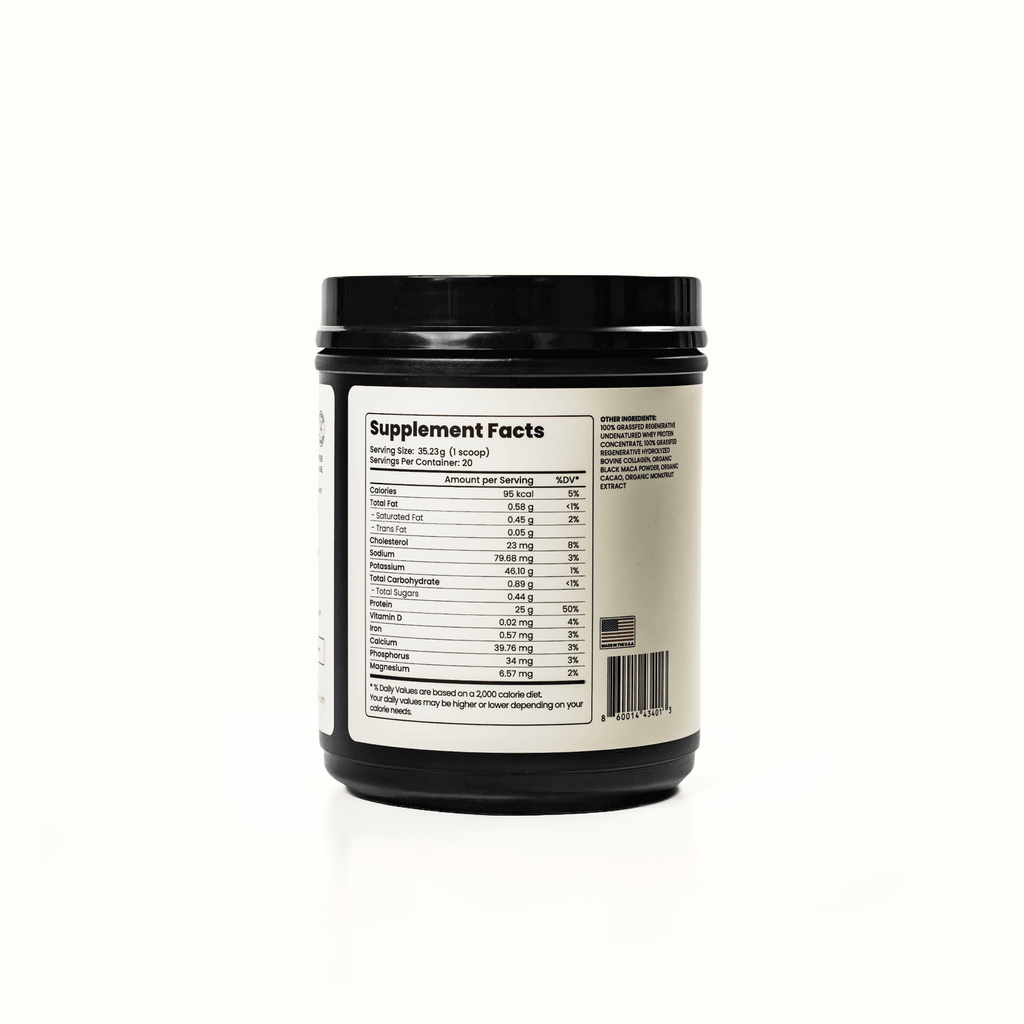 Purishh grass-fed whey and collagen protein powder in chocolate flavor with clean label packaging
