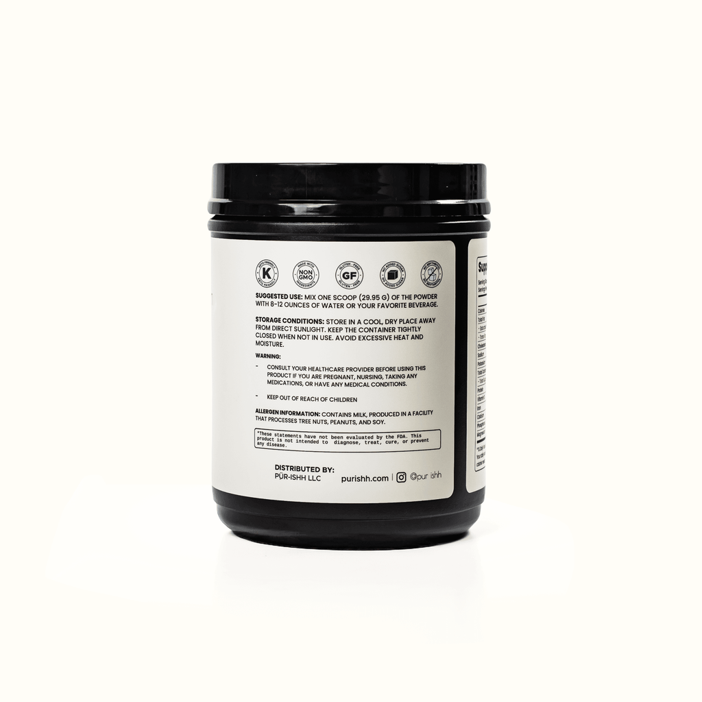 Purishh grass-fed whey and collagen protein powder in chocolate flavor with clean label packaging