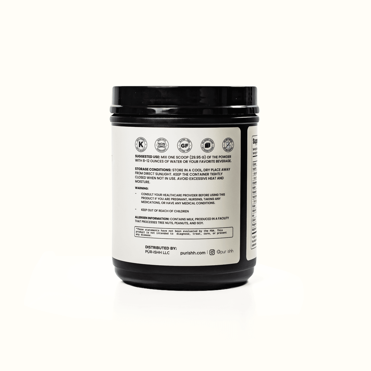 Purishh grass-fed whey and collagen protein powder in chocolate flavor with clean label packaging
