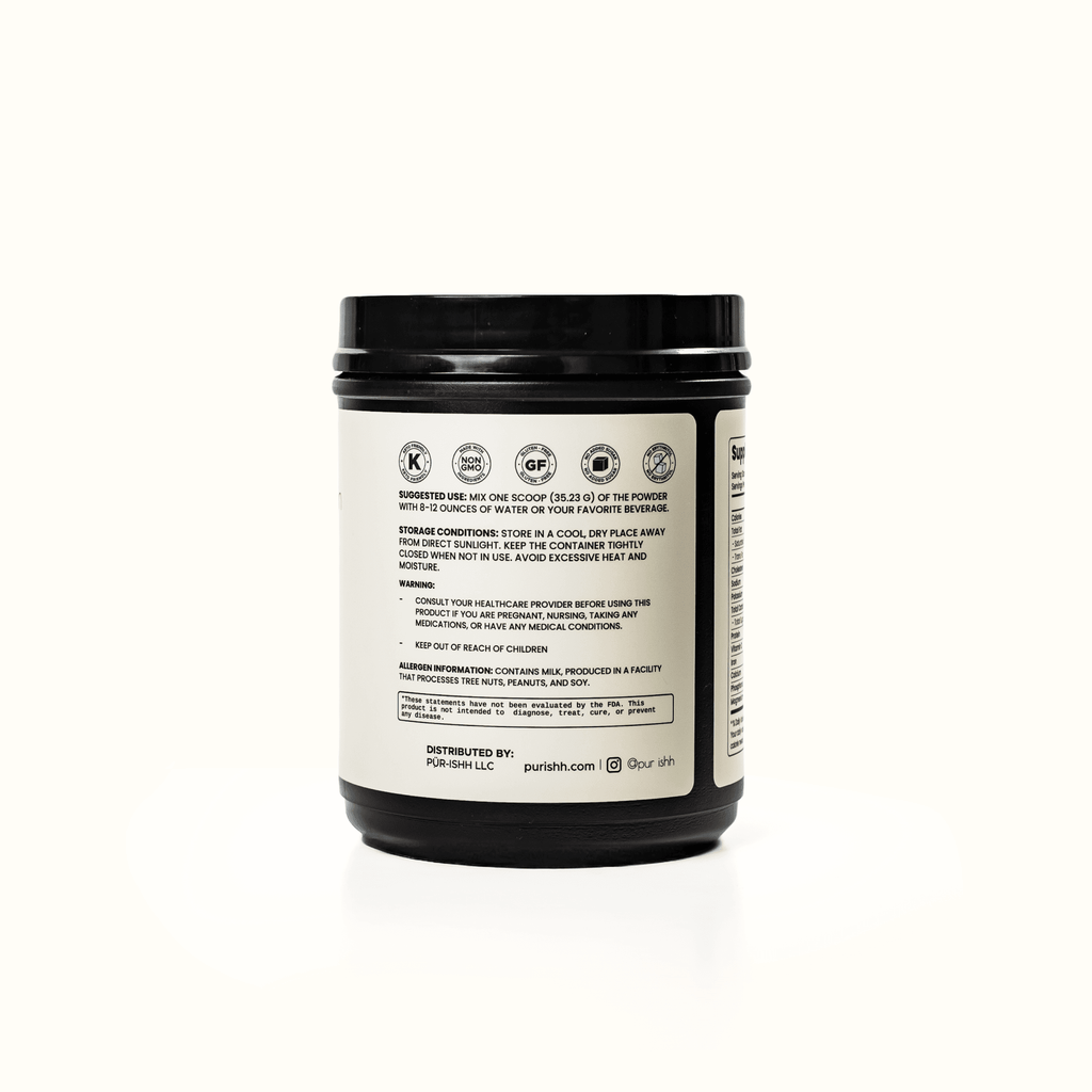 Purishh grass-fed whey and collagen protein powder in chocolate flavor with clean label packaging