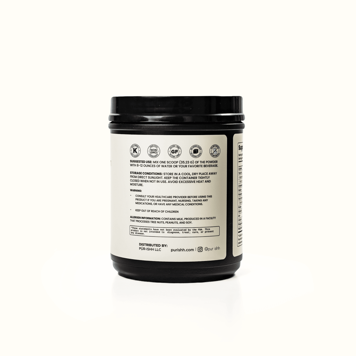 Purishh grass-fed whey and collagen protein powder in chocolate flavor with clean label packaging