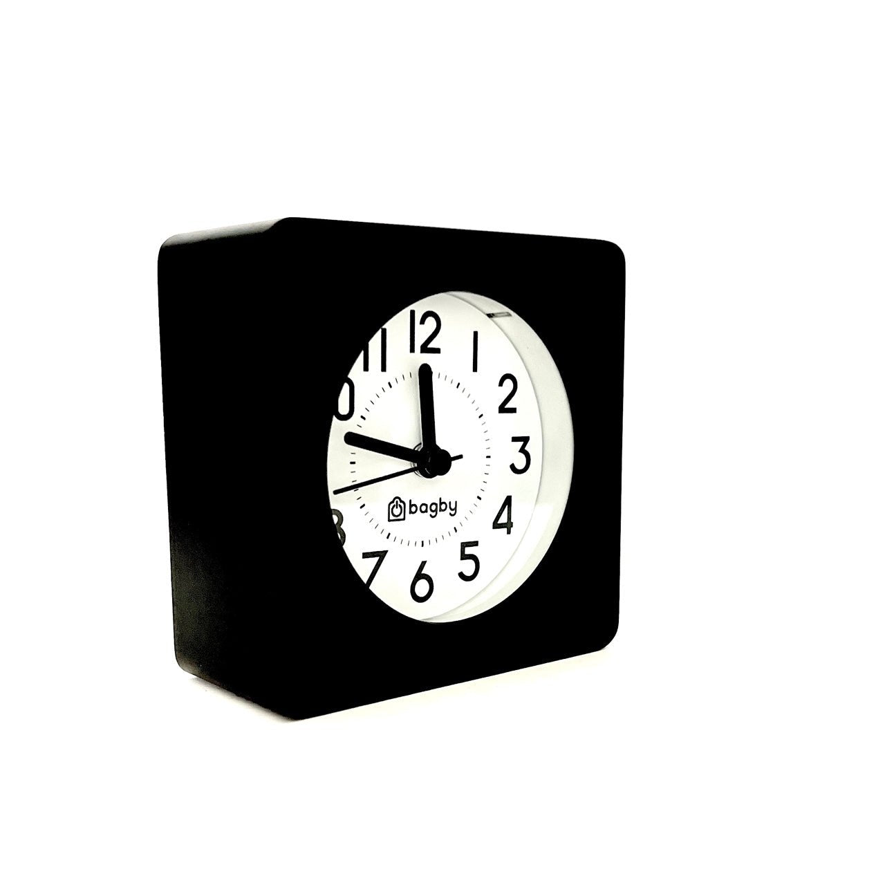 Bagby Classic solid wood analog alarm clock with numbered dial and night light on a nightstand