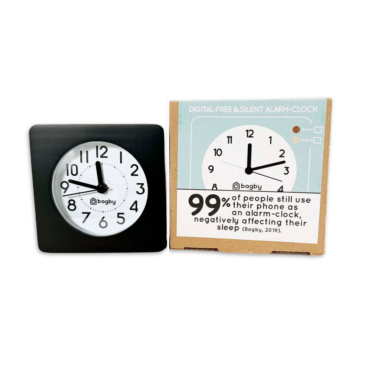 Bagby Classic solid wood analog alarm clock with numbered dial and night light on a nightstand