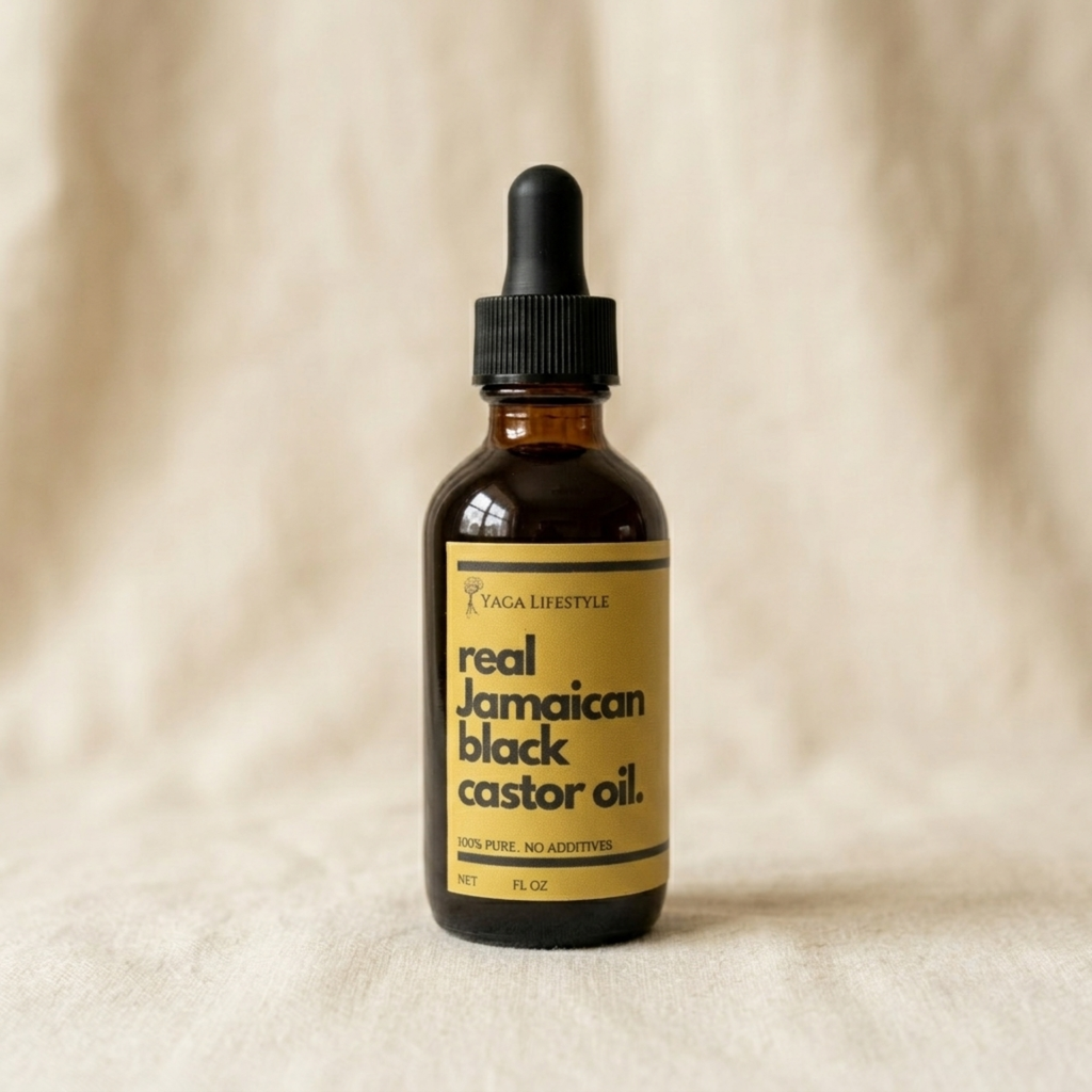 Yaga Lifestyle Jamaican Black Castor Oil bottle on wooden background