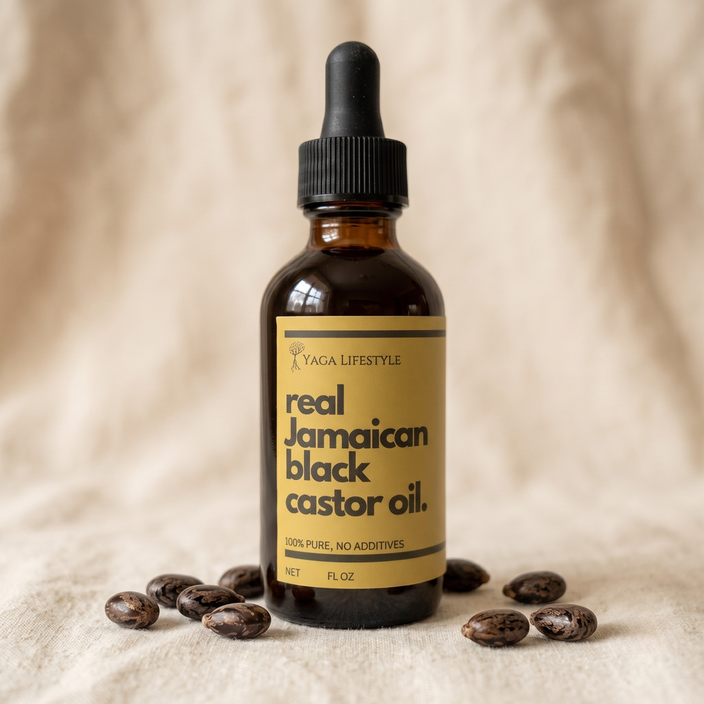 Yaga Lifestyle Jamaican Black Castor Oil bottle on wooden background