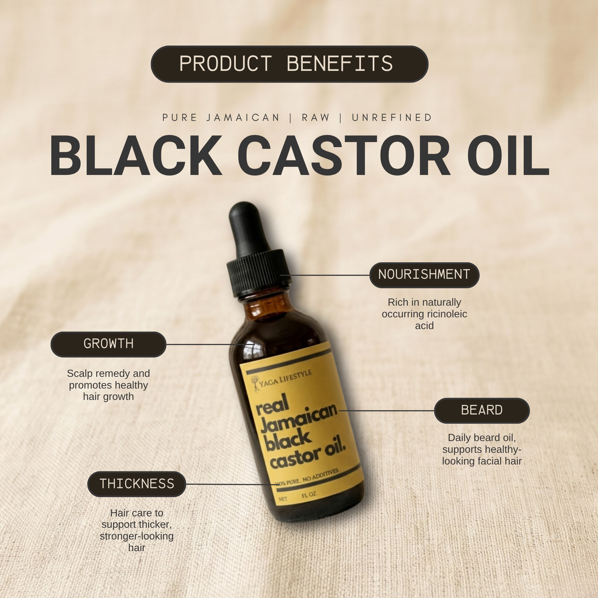 Yaga Lifestyle Jamaican Black Castor Oil bottle on wooden background