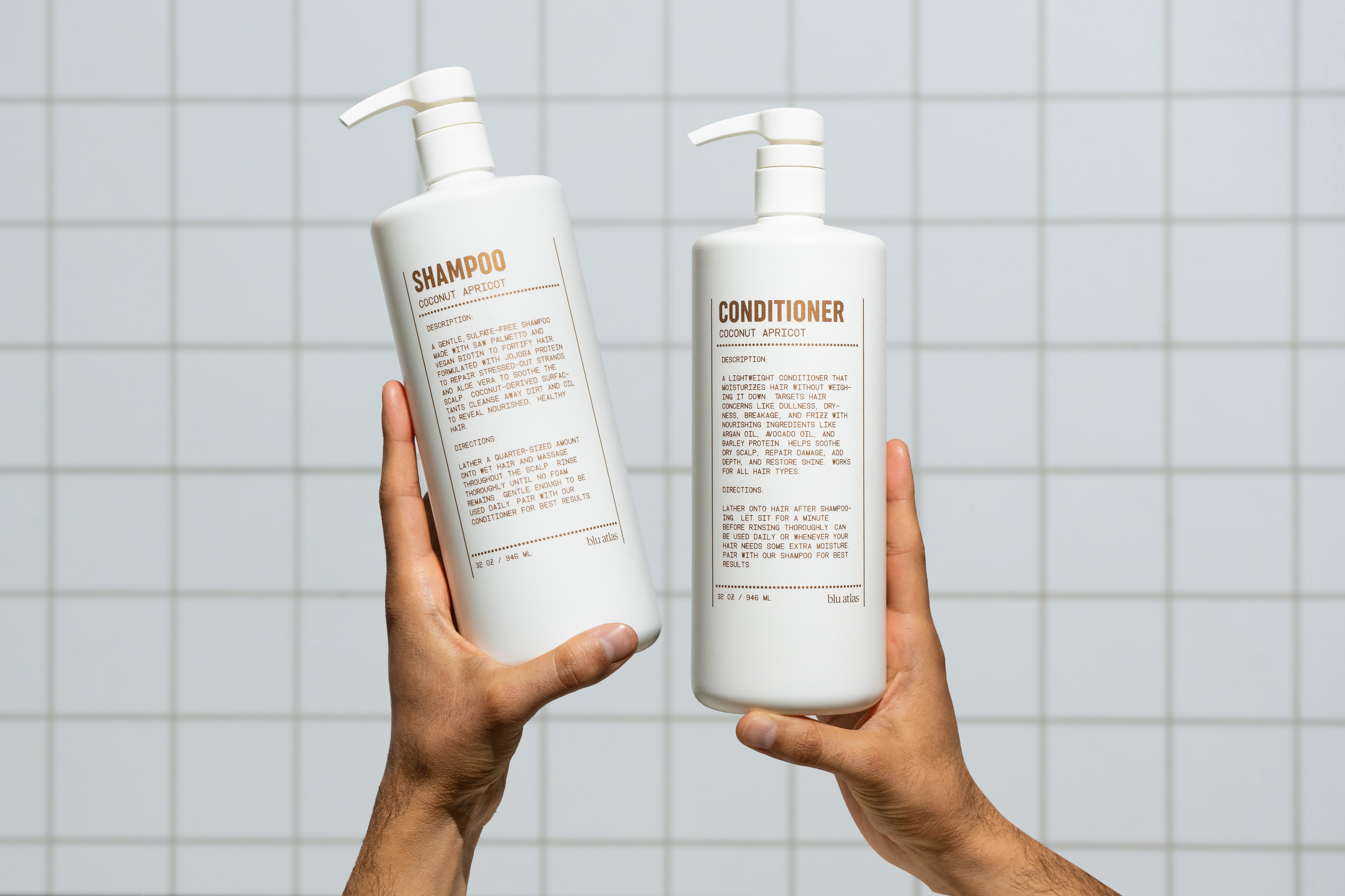 Bottle of natural daily shampoo with saw palmetto and vegan biotin on a clean surface