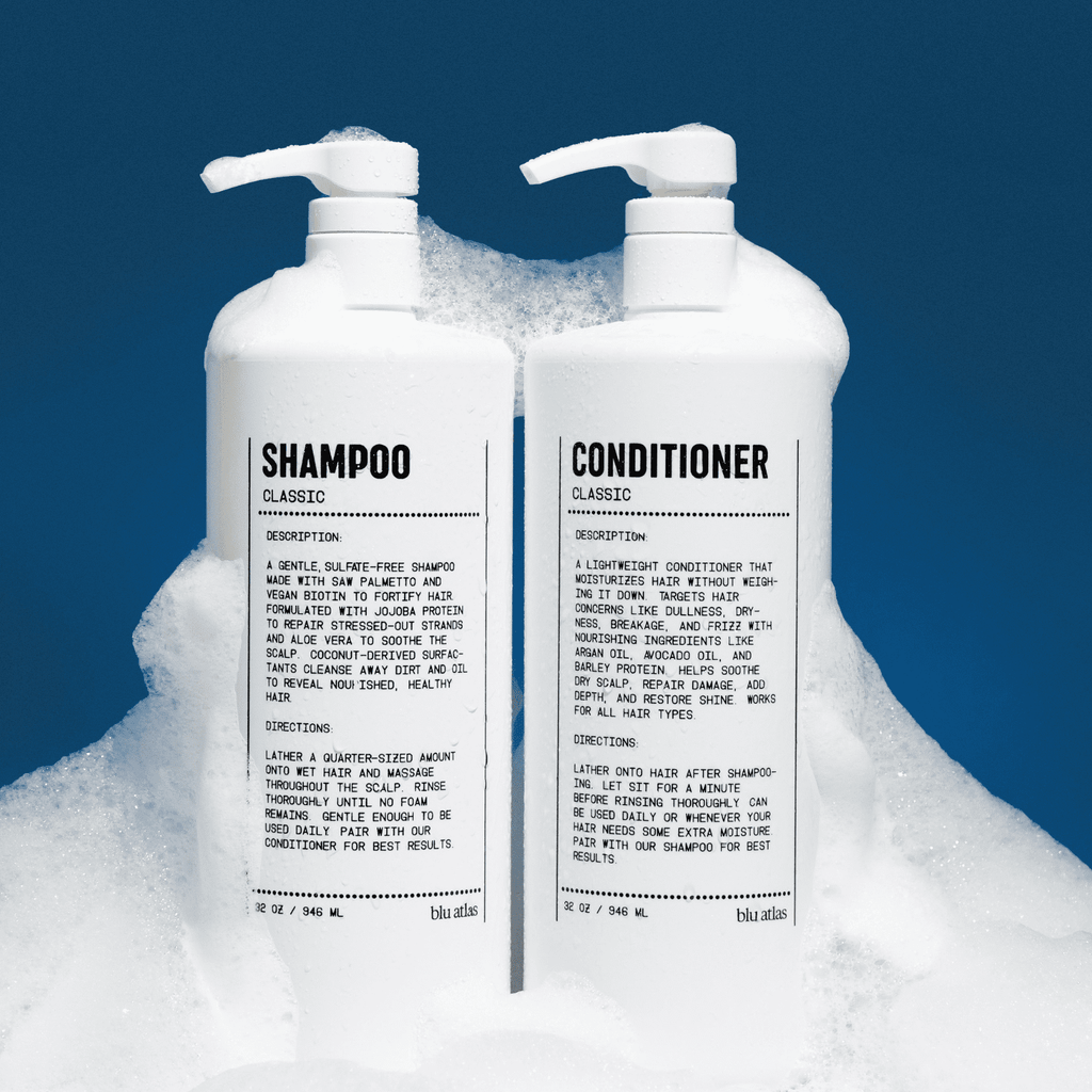 Bottle of natural daily shampoo with saw palmetto and vegan biotin on a clean surface