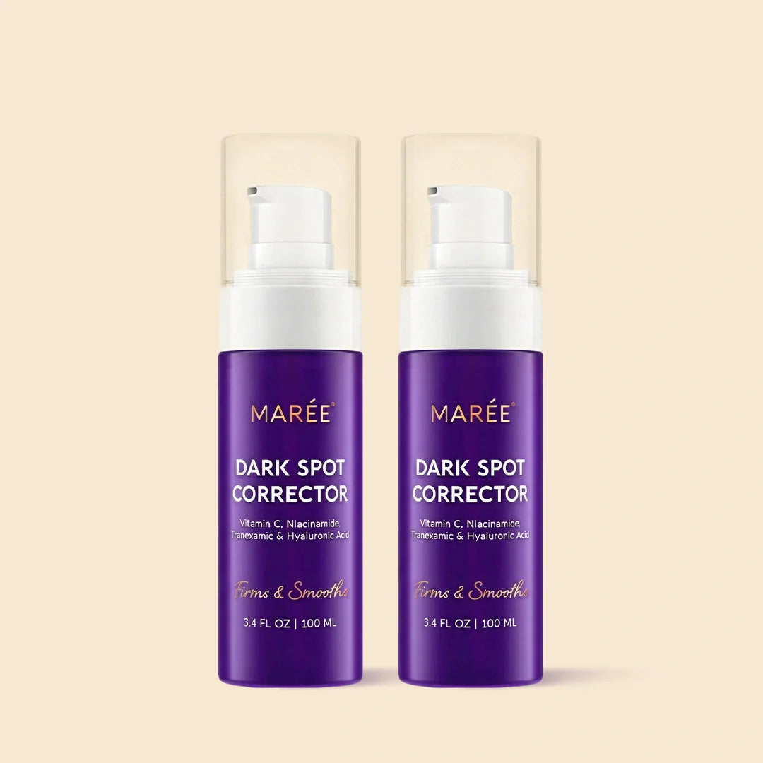 Marée dark spot correcting serum bottle on a clean surface, face and body brightening treatment with Tranexamic Acid and Vitamin C