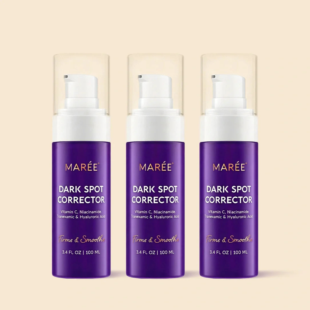 Marée dark spot correcting serum bottle on a clean surface, face and body brightening treatment with Tranexamic Acid and Vitamin C