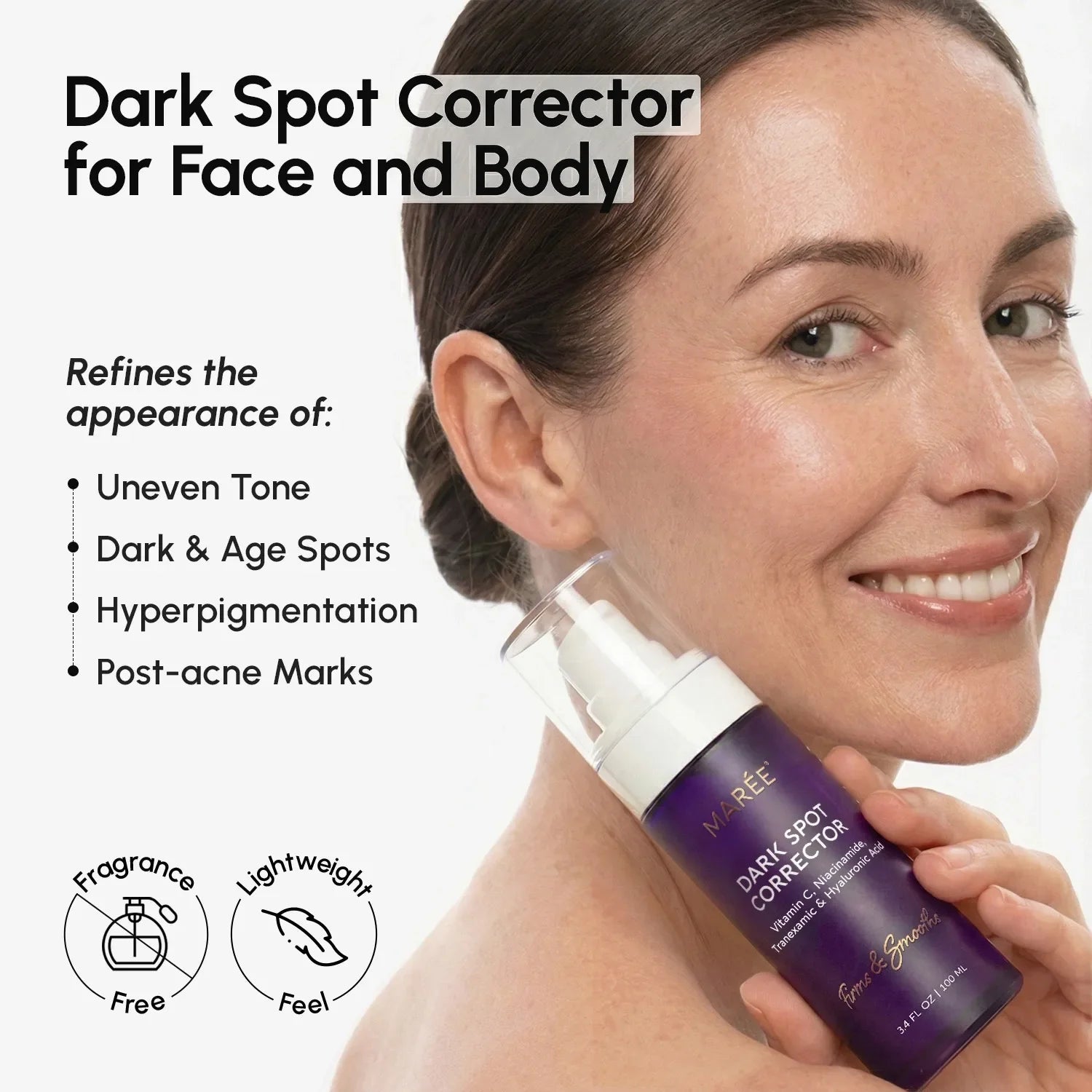 Marée dark spot correcting serum bottle on a clean surface, face and body brightening treatment with Tranexamic Acid and Vitamin C