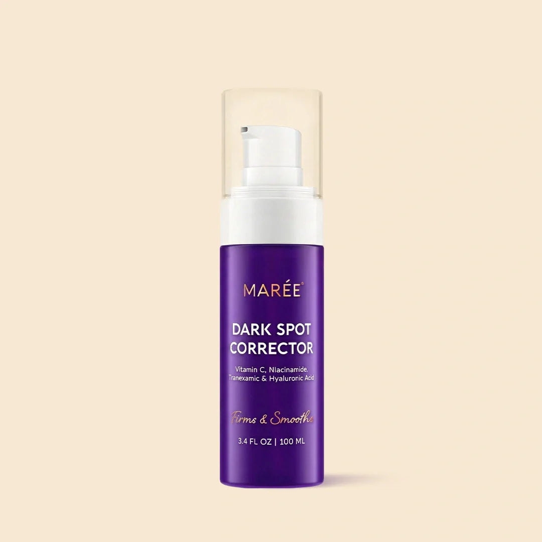Marée dark spot correcting serum bottle on a clean surface, face and body brightening treatment with Tranexamic Acid and Vitamin C