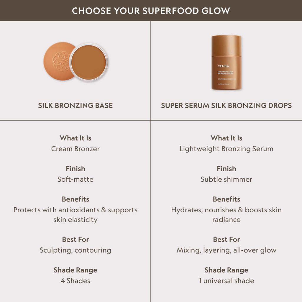 YENSA Super Serum Silk Bronzing Drops bottle with a swatch of sheer golden bronzing serum on skin