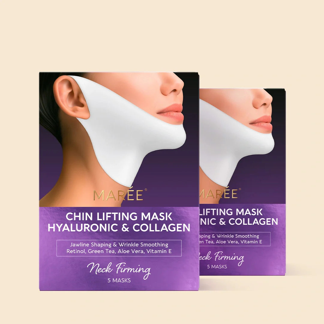 Model wearing a white V-line chin and neck lifting sheet mask, front-facing close-up showing fit and coverage