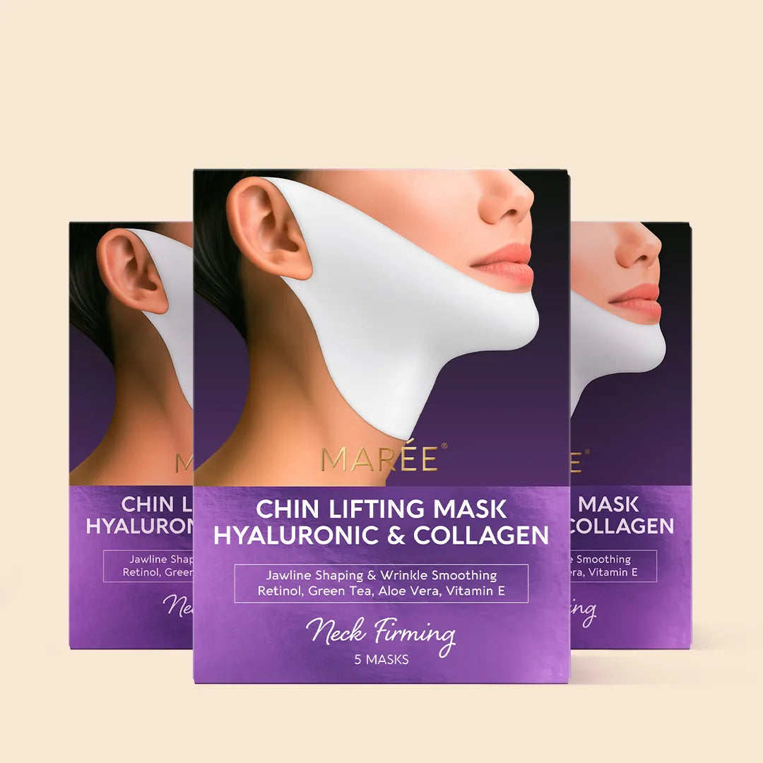 Model wearing a white V-line chin and neck lifting sheet mask, front-facing close-up showing fit and coverage