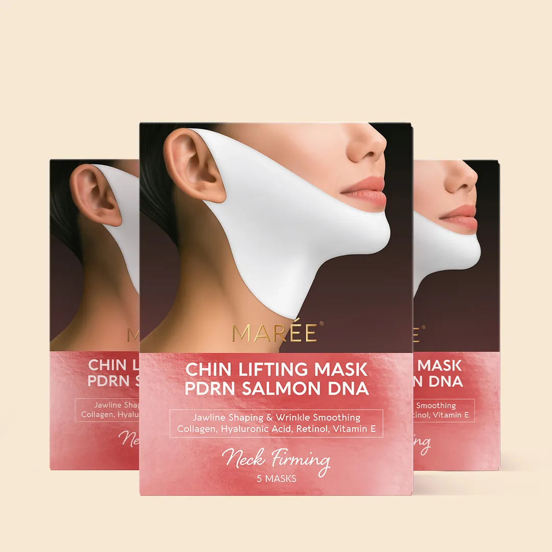Marée PDRN V-Line Lifting Mask applied to chin and neck area for jawline contouring and skin firming