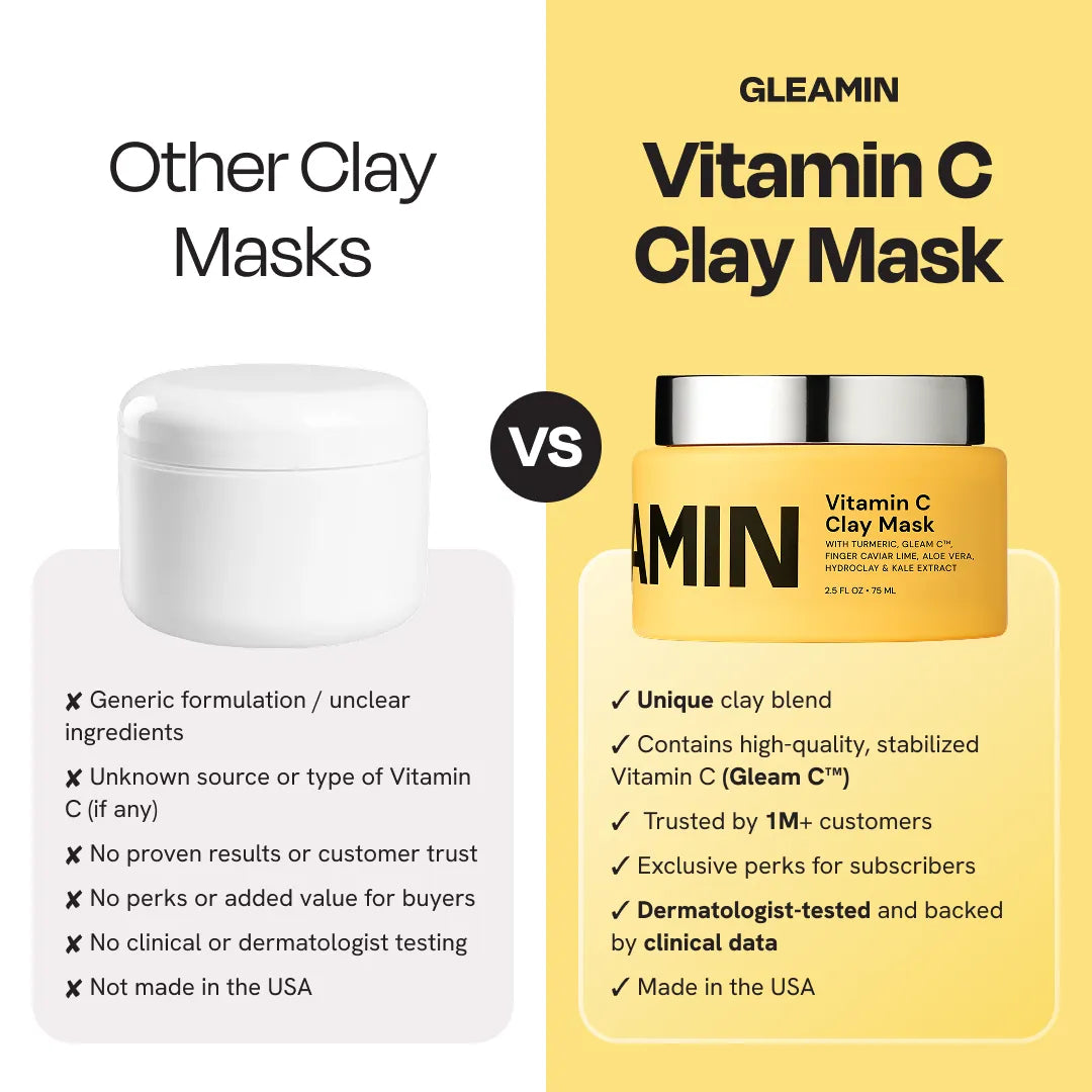 Vitamin C clay mask in jar with turmeric-toned formula, shown with Australian botanical ingredients on a clean white surface