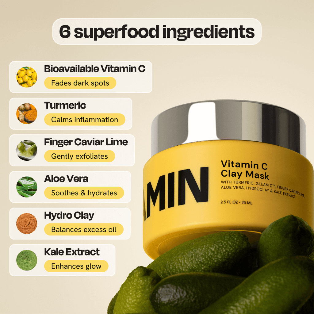 Vitamin C clay mask in jar with turmeric-toned formula, shown with Australian botanical ingredients on a clean white surface