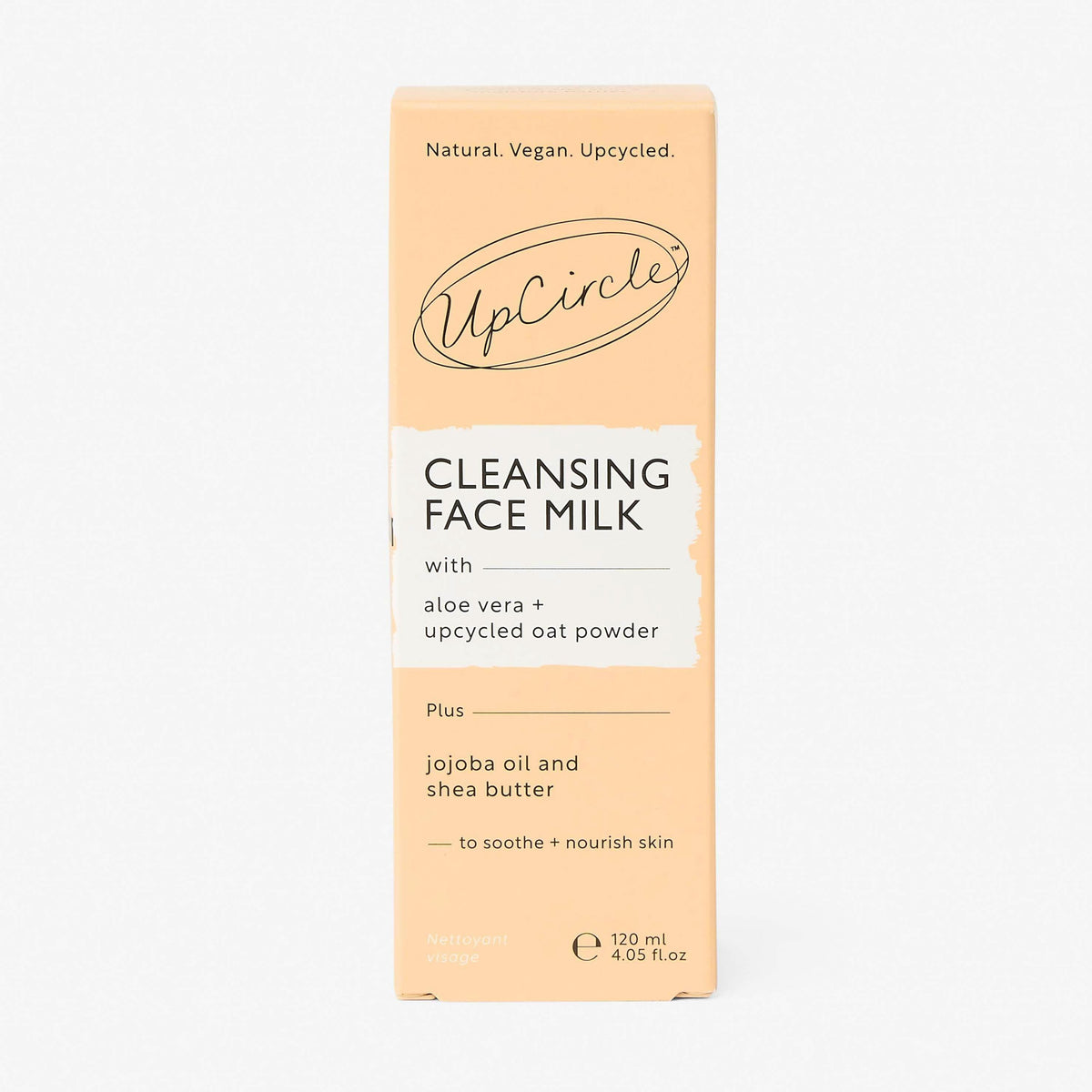 UpCircle Cleansing Face Milk bottle with upcycled oat powder and aloe vera formula on a clean white surface