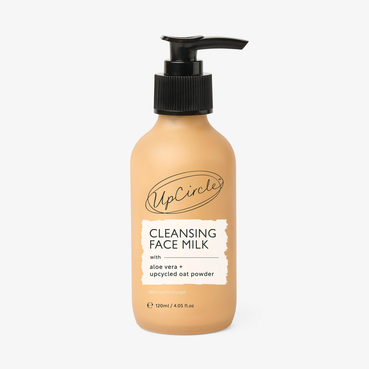 UpCircle Cleansing Face Milk bottle with upcycled oat powder and aloe vera formula on a clean white surface