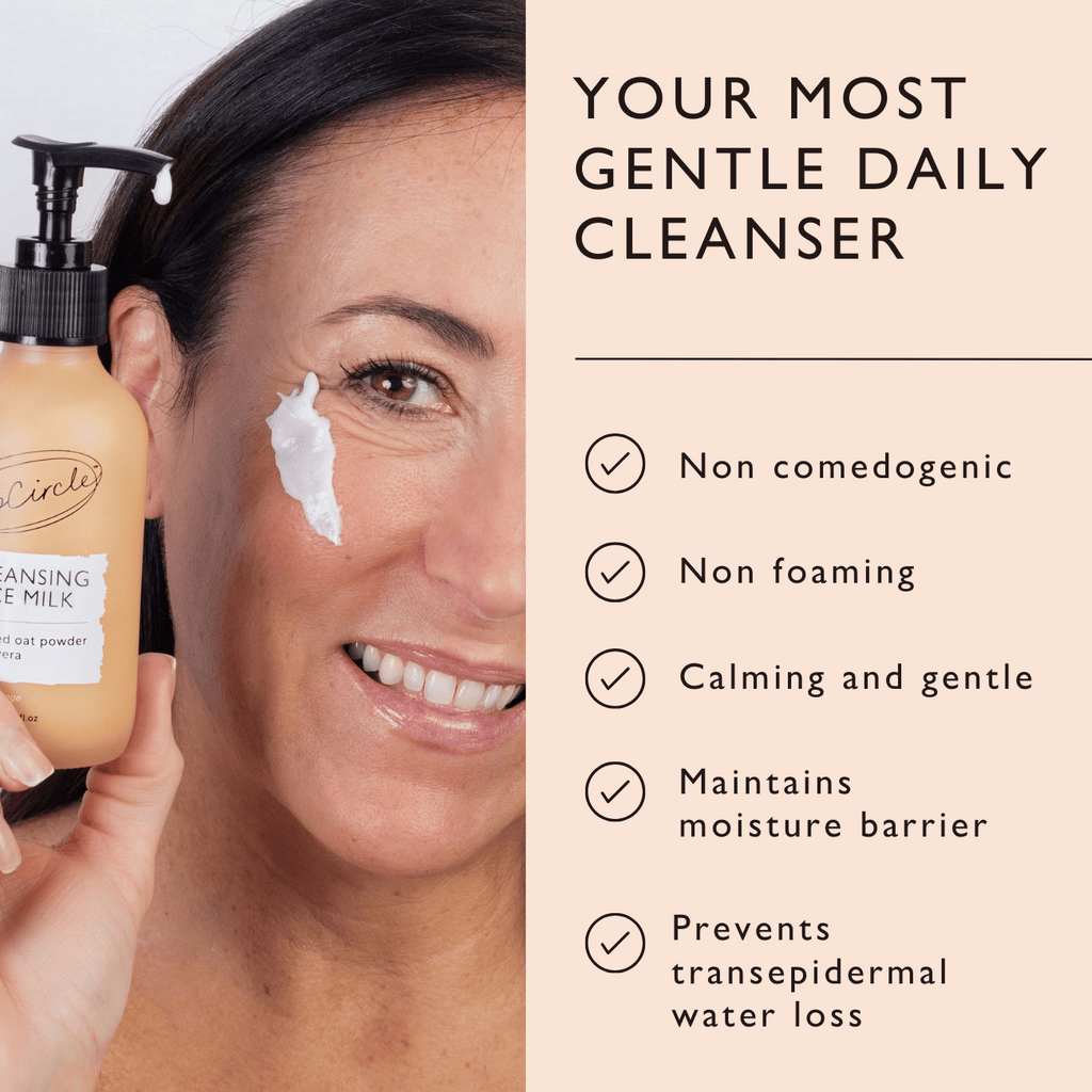 UpCircle Cleansing Face Milk bottle with upcycled oat powder and aloe vera formula on a clean white surface