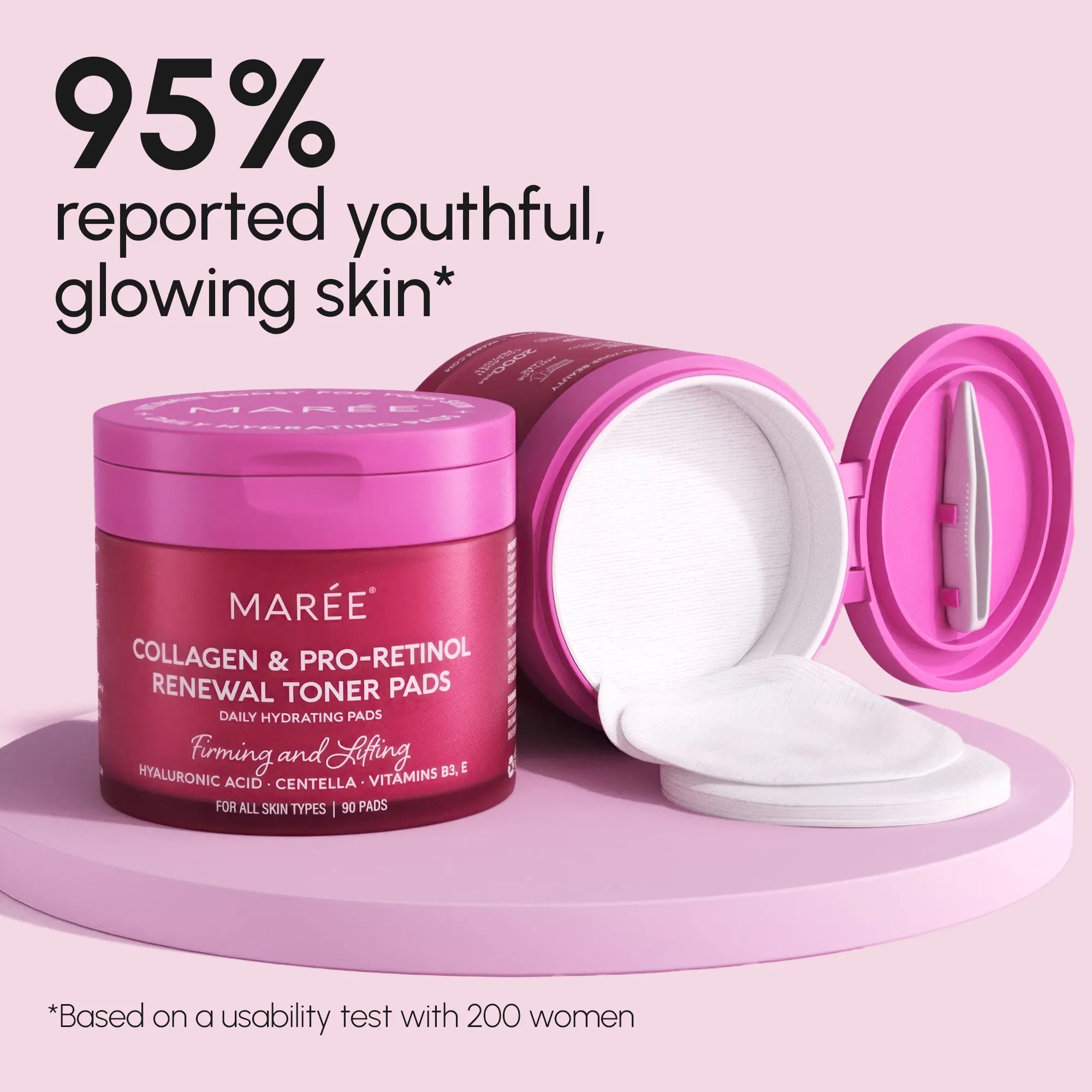 Collagen and retinol toner pads in open jar with a single pad lifted out, showing texture and saturation