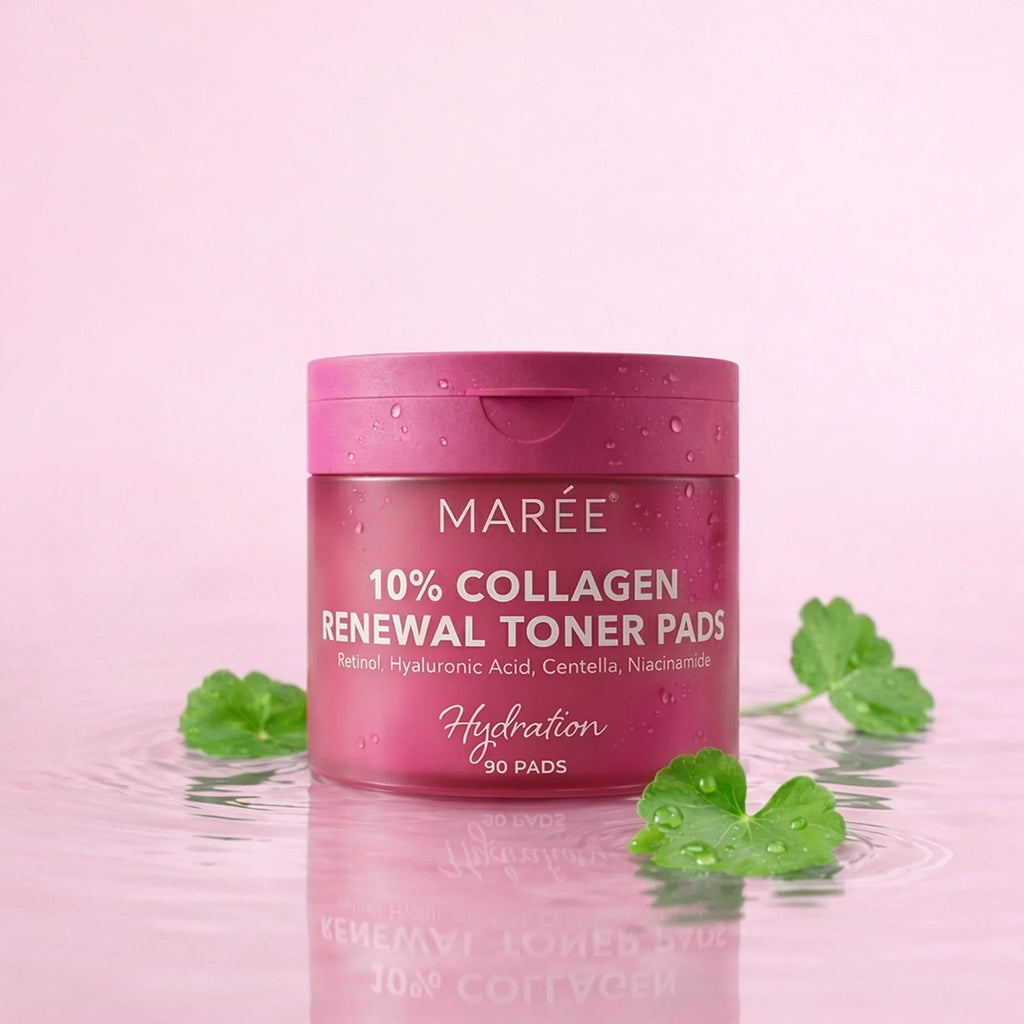 Collagen and retinol toner pads in open jar with a single pad lifted out, showing texture and saturation