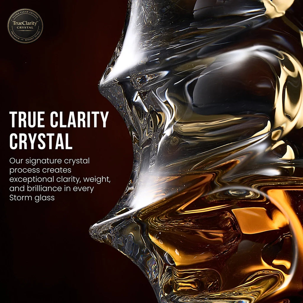 Handcrafted Storm Crystal Whisky Glass with textured exterior and smooth interior, filled with amber whisky