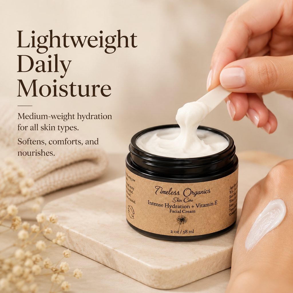 Timeless Organics Skin Care Vitamin E Intense Hydration Facial Cream 50mL jar on a clean surface