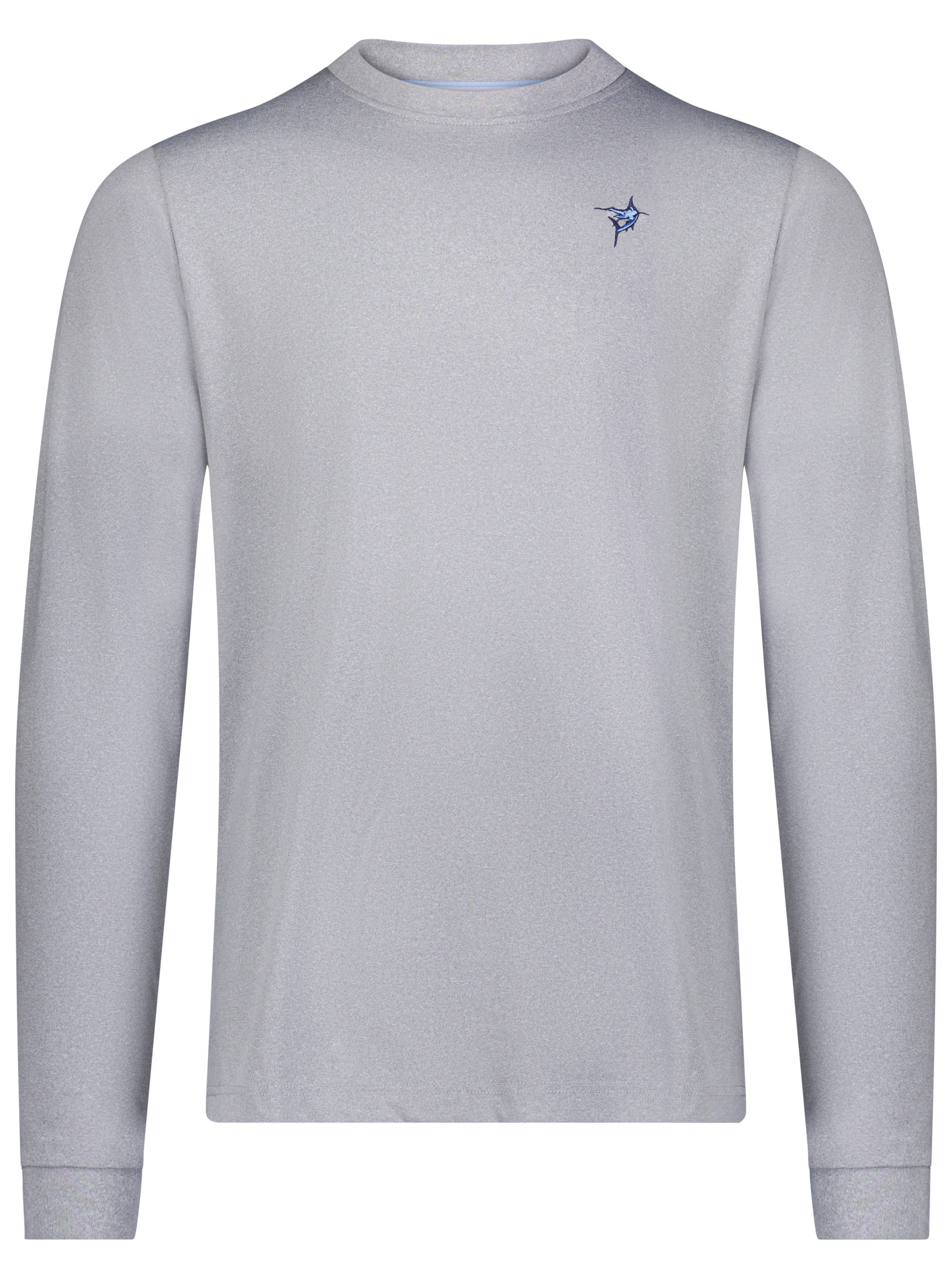 Men's black UV50 performance long sleeve tee with embroidered chest logo, brushed stretch fabric