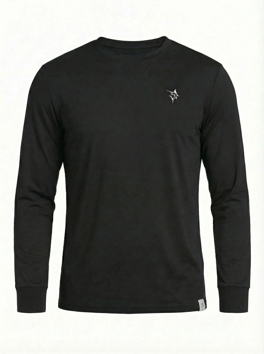 Men's black UV50 performance long sleeve tee with embroidered chest logo, brushed stretch fabric