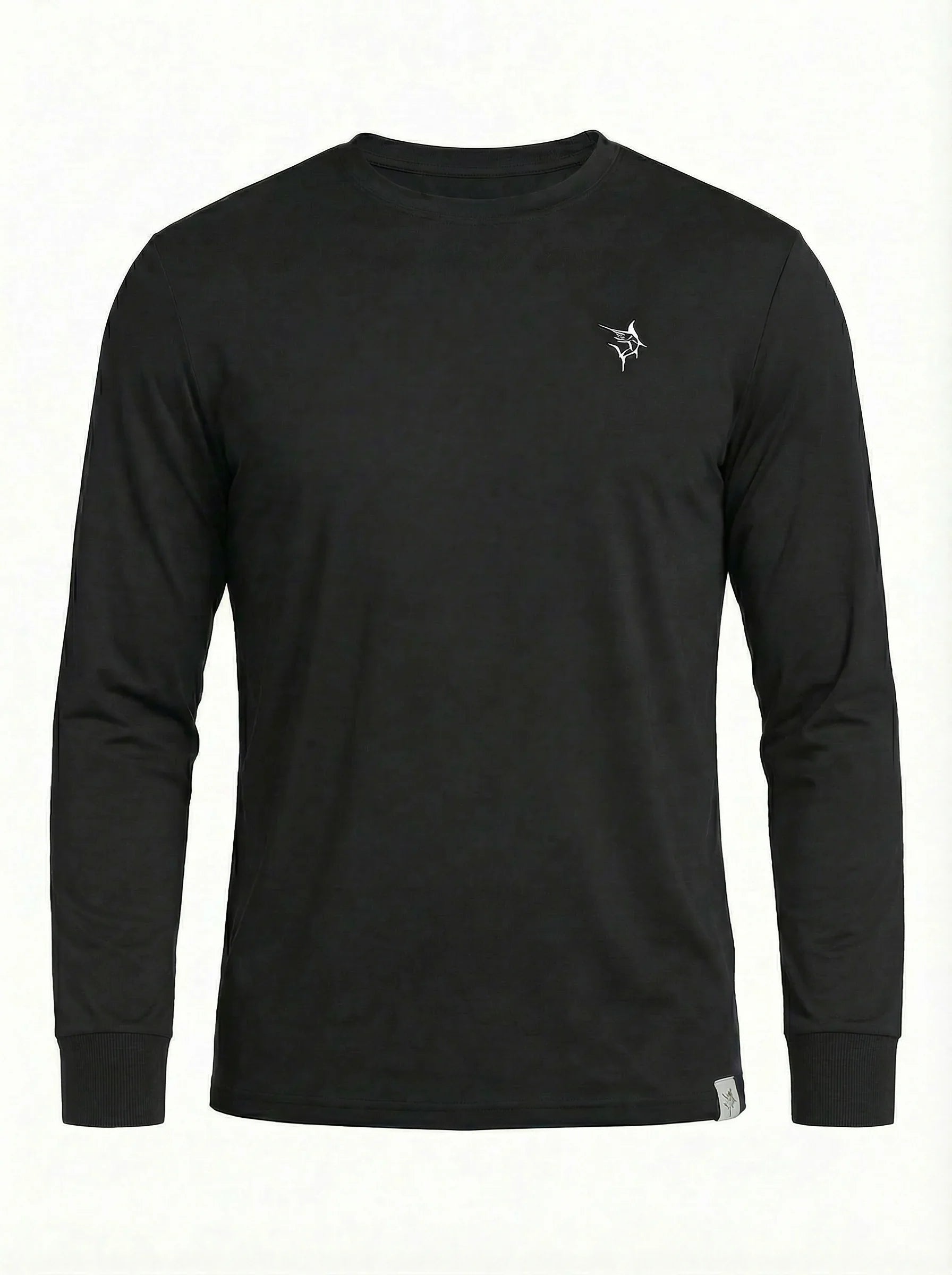 Men's black UV50 performance long sleeve tee with embroidered chest logo, brushed stretch fabric