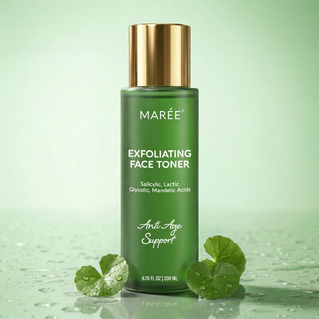 Marée Daily Glow Exfoliating Toner bottle on a clean surface, water-light acid toner for smooth glowing skin