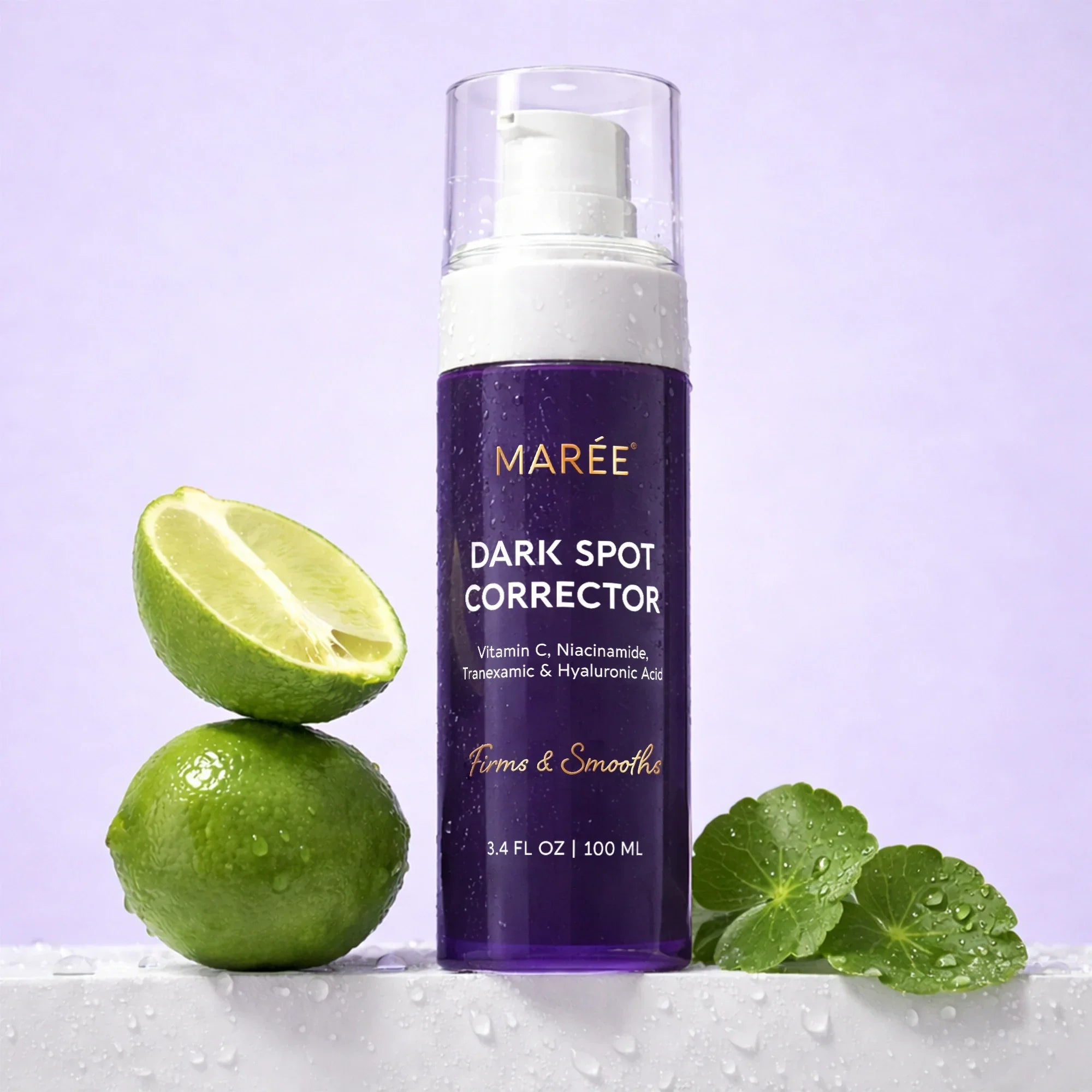 Marée dark spot correcting serum bottle on a clean surface, face and body brightening treatment with Tranexamic Acid and Vitamin C