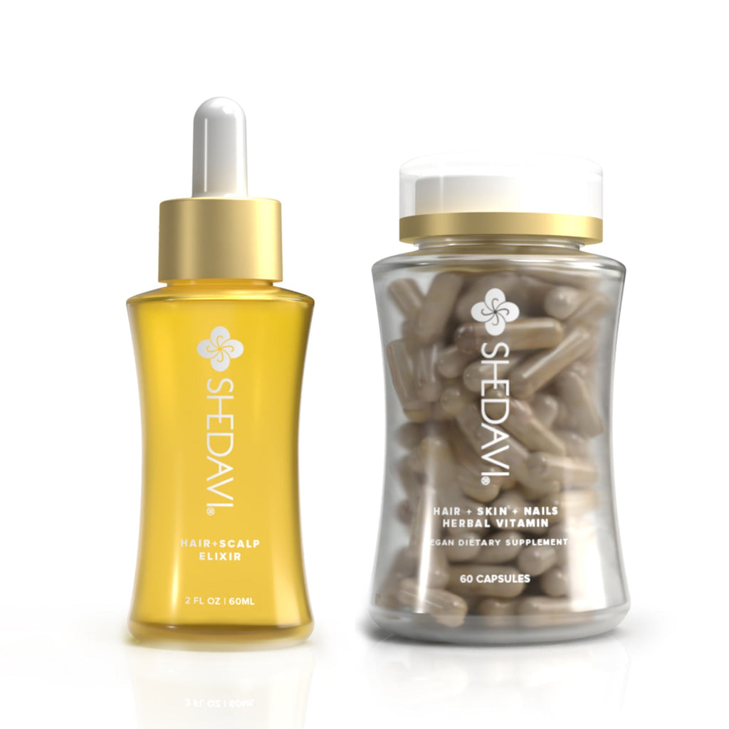 Shedavi Iconic Hair Growth Duo featuring the Hair Skin and Nails Herbal Vitamin bottle and Hair and Scalp Elixir dropper bottle on a neutral background