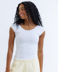 Women's fitted tri-blend essential tee with scoop neckline and cap sleeves, shown as a flat lay