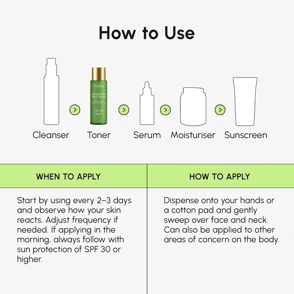 Marée Daily Glow Exfoliating Toner bottle on a clean surface, water-light acid toner for smooth glowing skin