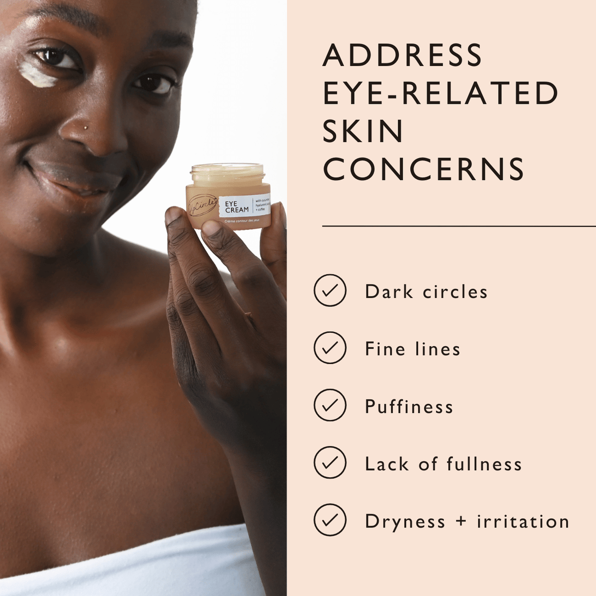 UpCircle eye cream in a glass jar with aluminium lid, showing coffee oil and hyaluronic acid formula for dark circles