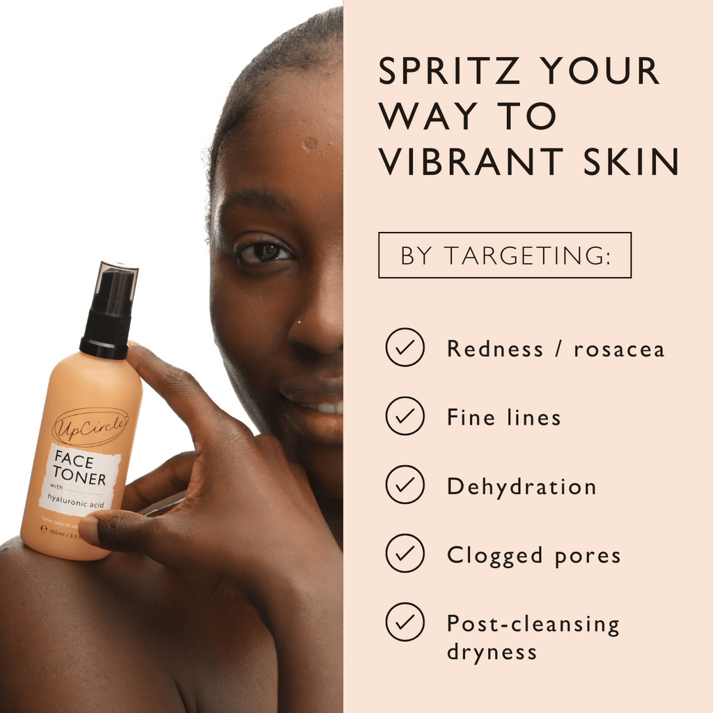 UpCircle Hyaluronic Acid and Chamomile Face Toner in a glass spray bottle with cardboard packaging on a clean surface