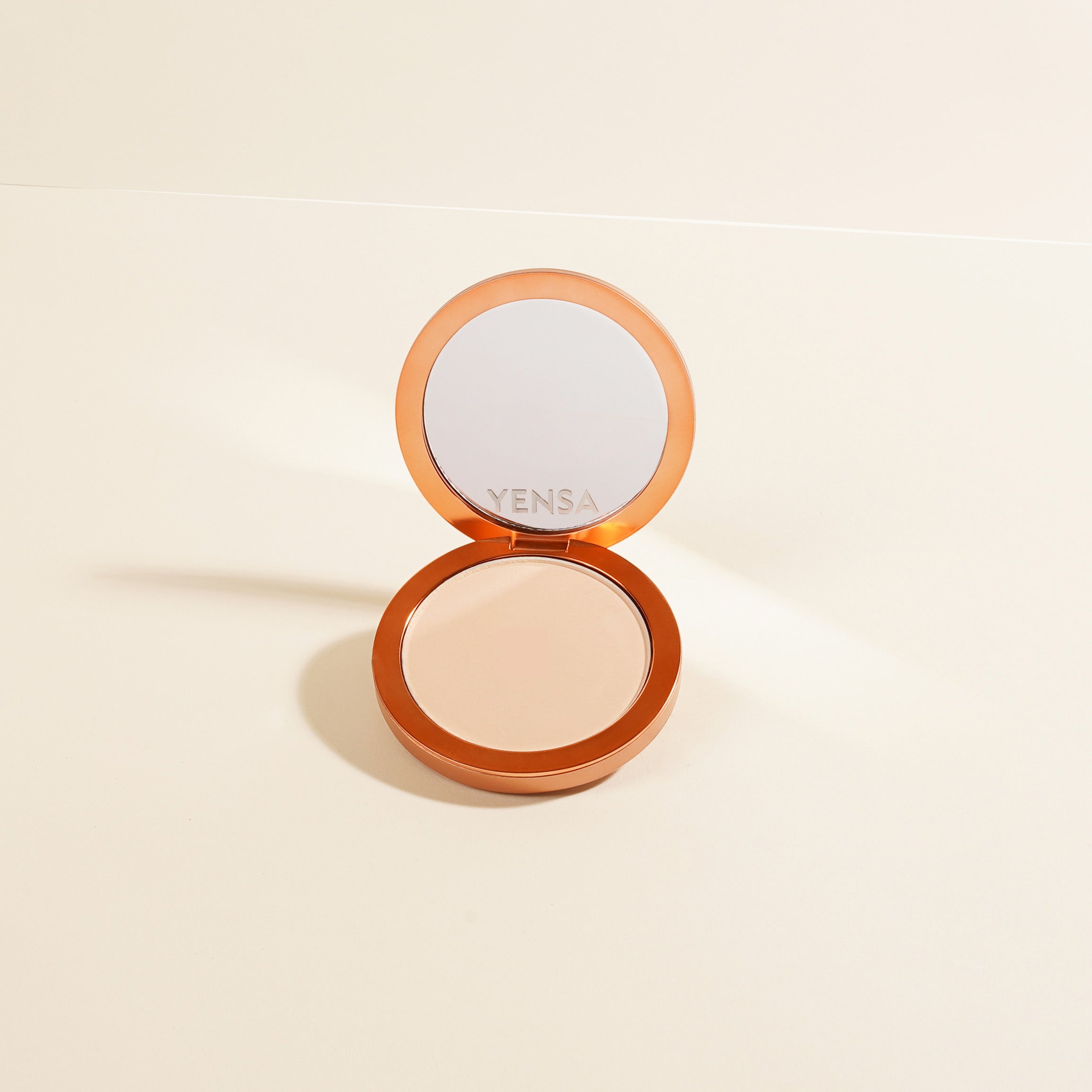 YENSA Super Serum Silk Matte Powder Peptide Foundation compact open, showing pressed powder with natural matte finish