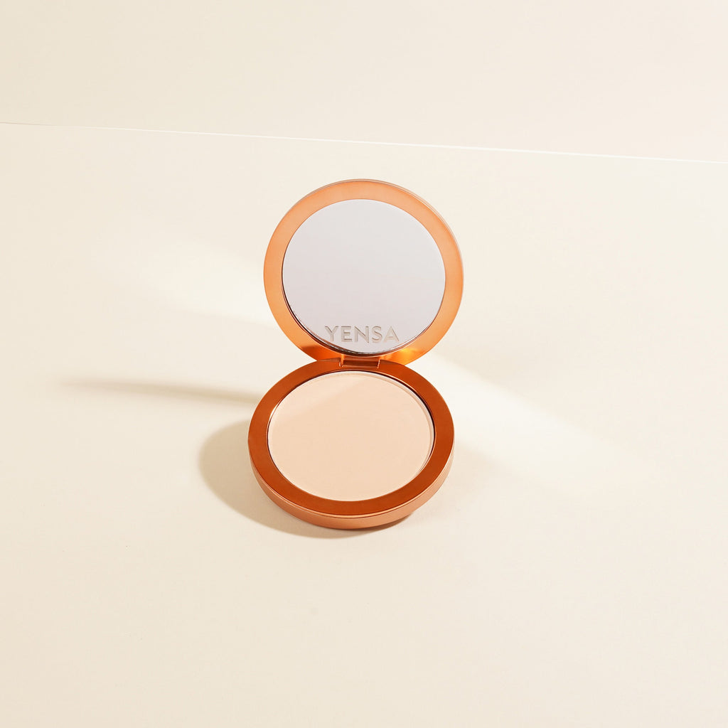 YENSA Super Serum Silk Matte Powder Peptide Foundation compact open, showing pressed powder with natural matte finish