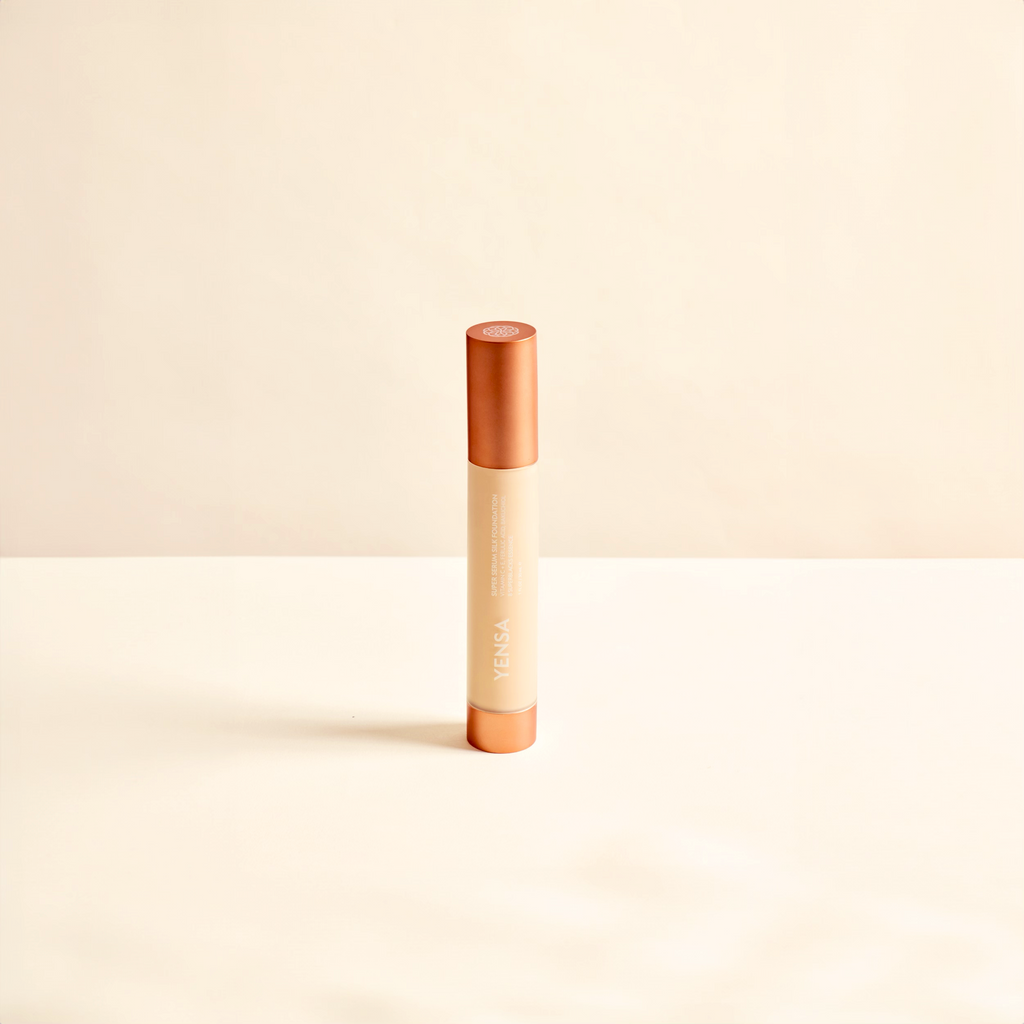 Super Serum Silk Foundation bottle with luminous natural glow finish, serum-texture hydrating peptide foundation