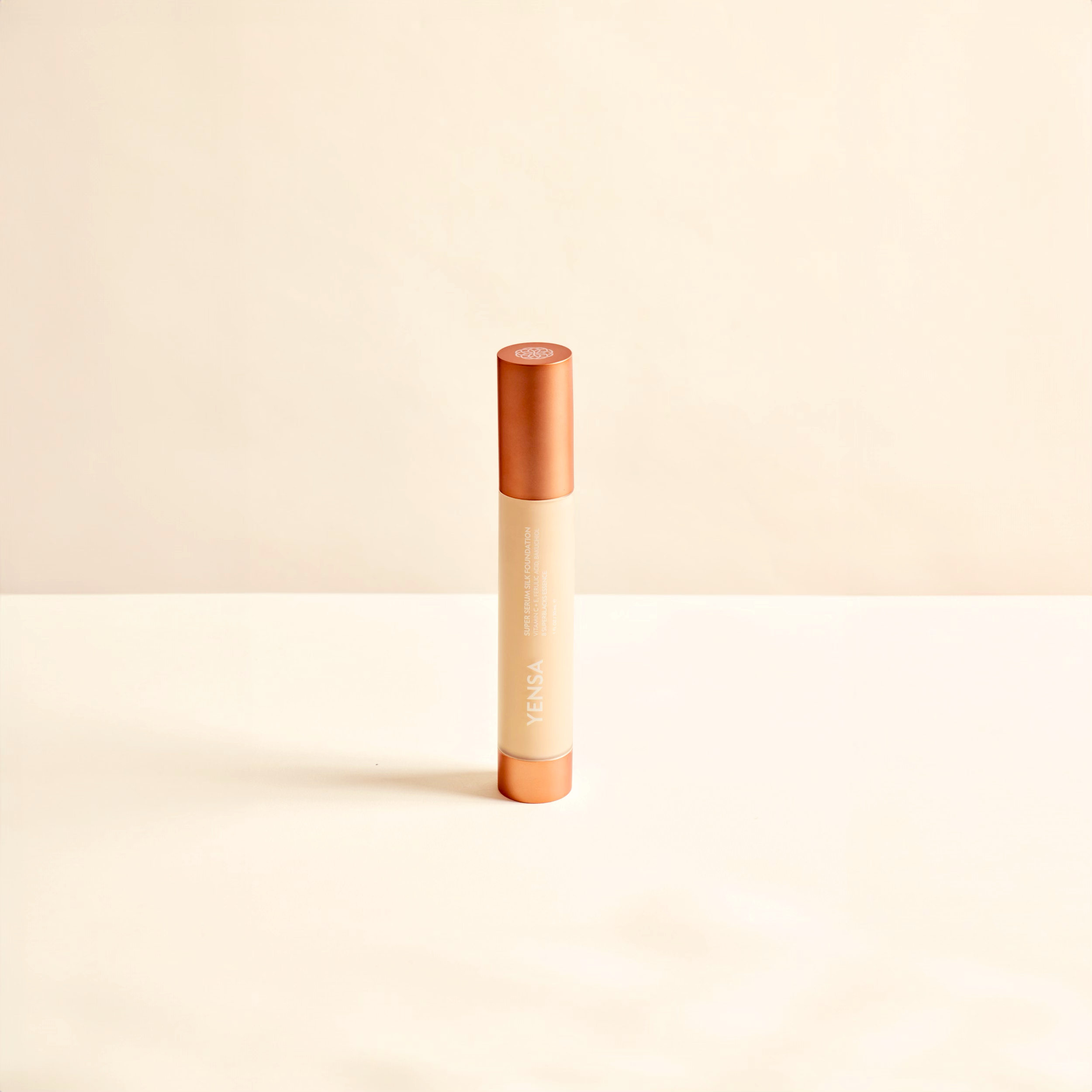 Super Serum Silk Foundation bottle with luminous natural glow finish, serum-texture hydrating peptide foundation