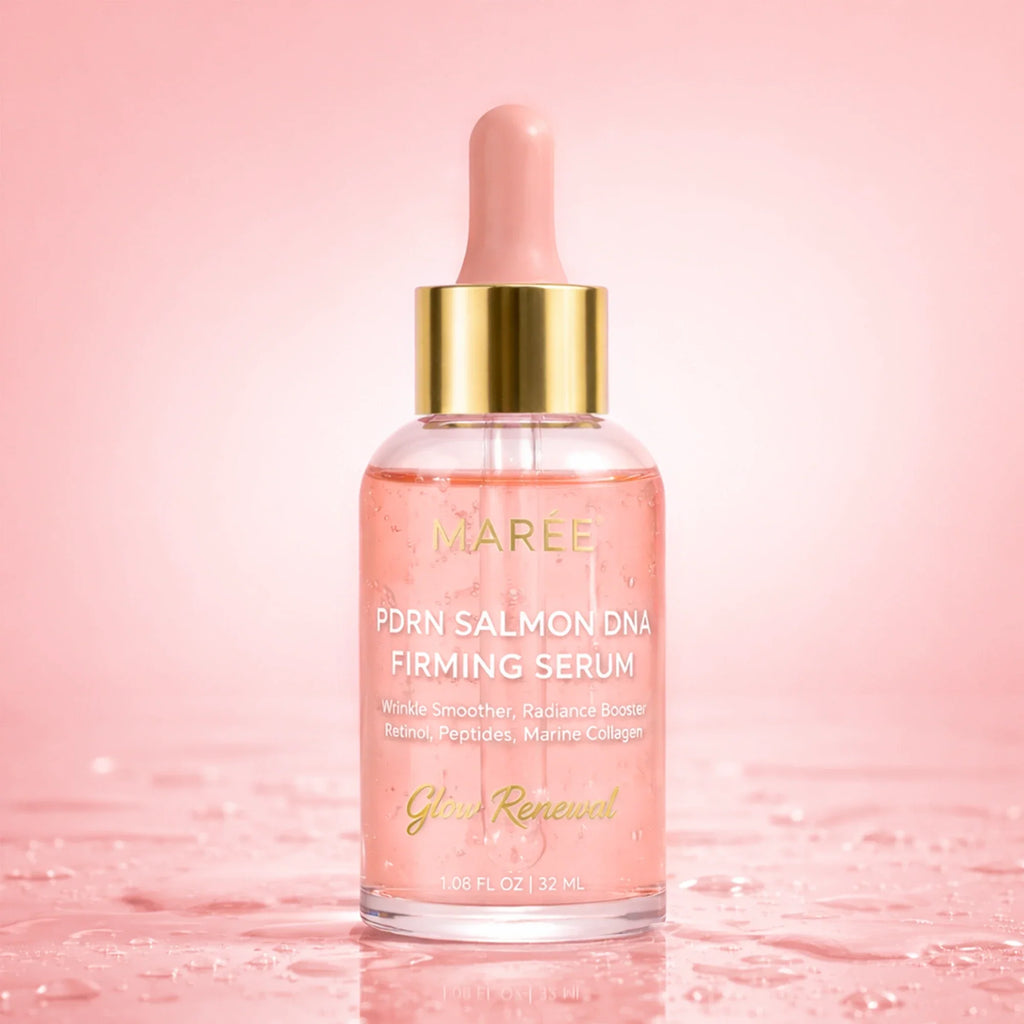 PDRN salmon DNA firming and renewing serum bottle on a clean white surface, anti-aging skincare