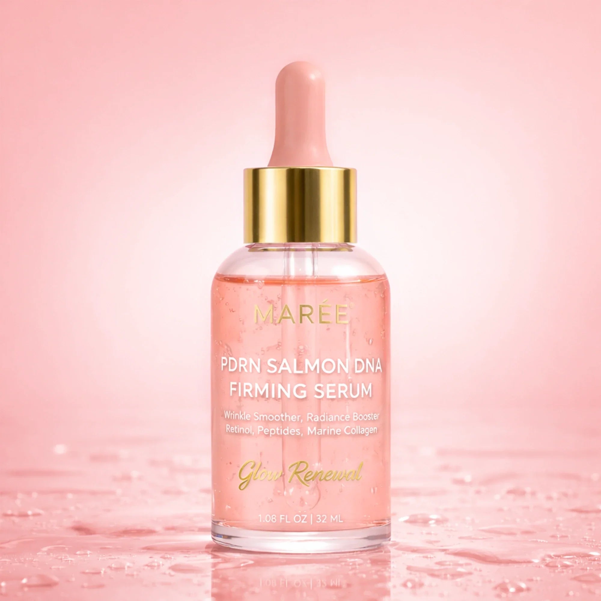 PDRN salmon DNA firming and renewing serum bottle on a clean white surface, anti-aging skincare