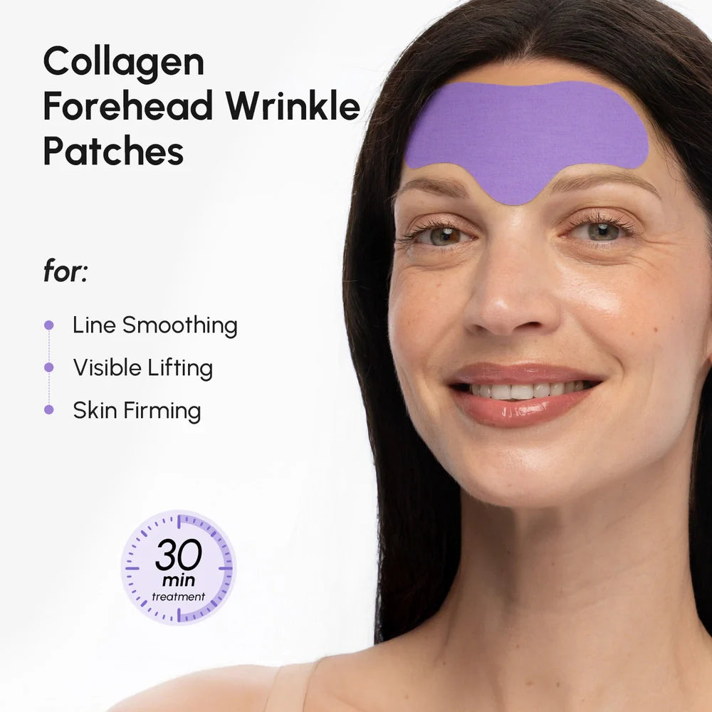Marée anti-wrinkle forehead hydrogel patches applied to a woman's forehead, shown against a clean light background